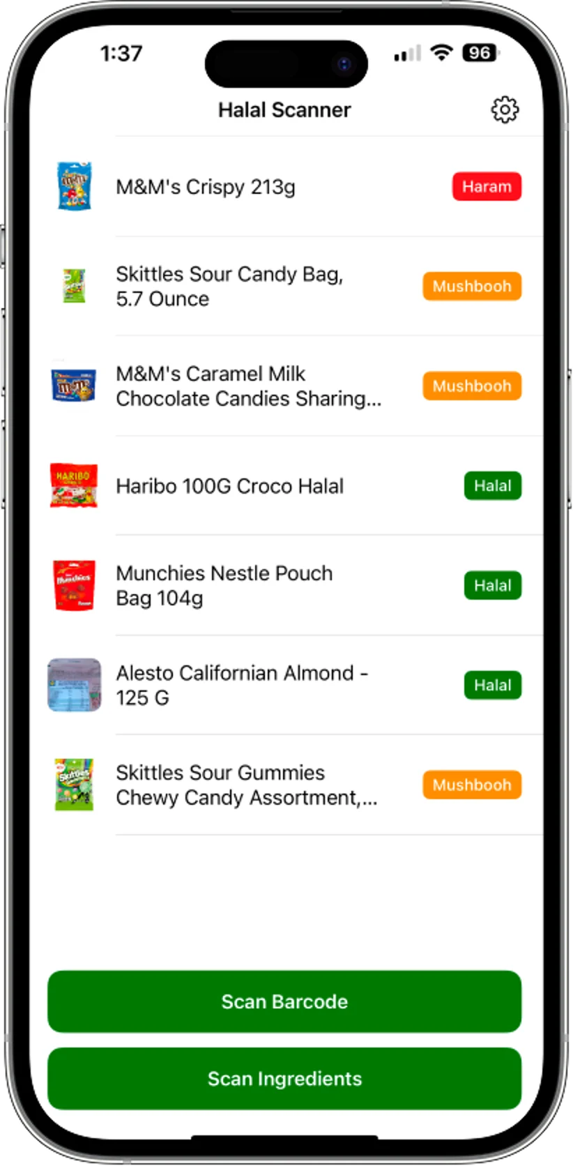 Zabihah home screen listing scanned products, each marked halal, haram or mushbooh