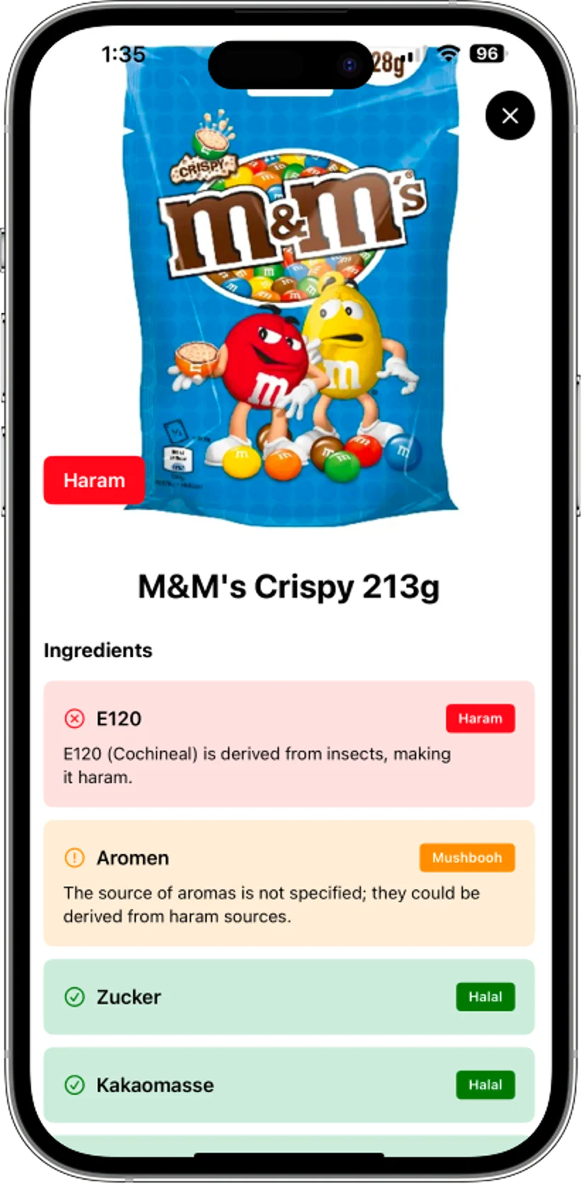 Zabihah result for M&M's Crispy marked Haram, with E120 flagged and each ingredient labelled