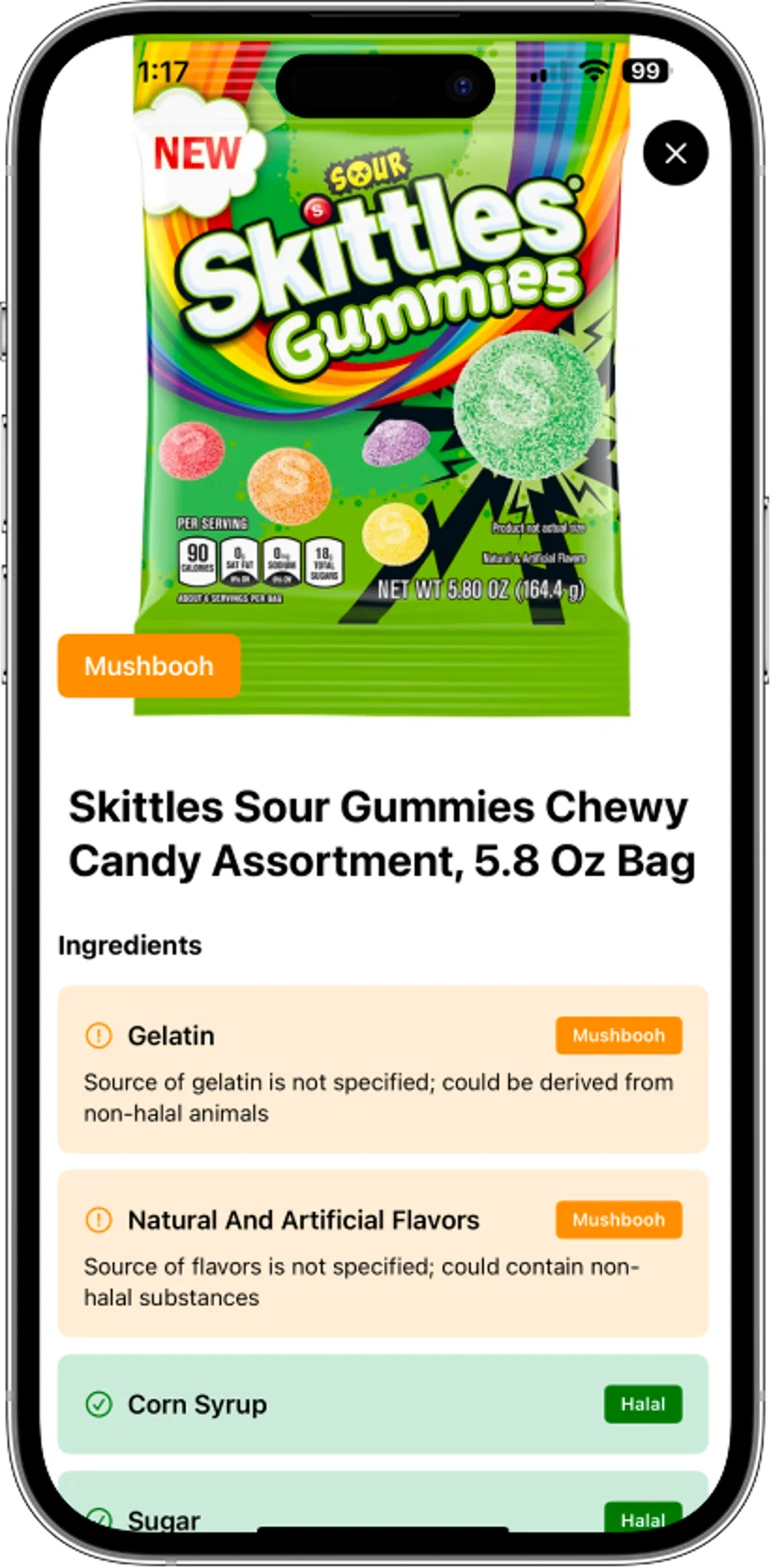 Zabihah result for Skittles Sour Gummies marked Mushbooh, with gelatin and flavourings flagged as doubtful