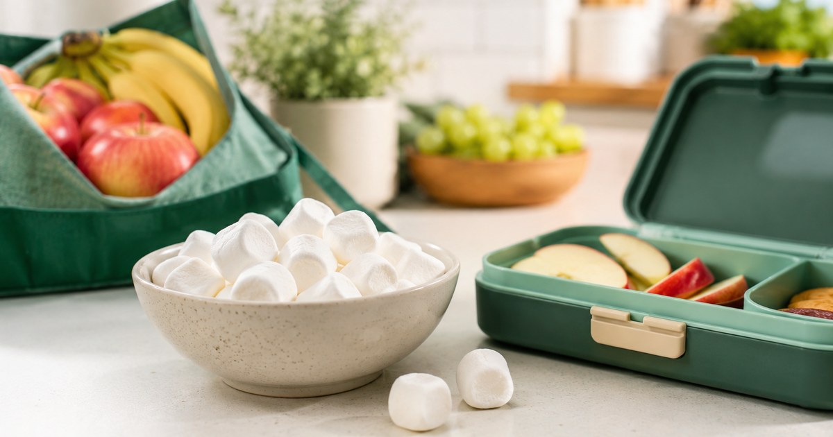 A bowl of white marshmallows on a kitchen counter beside an open lunchbox of fruit