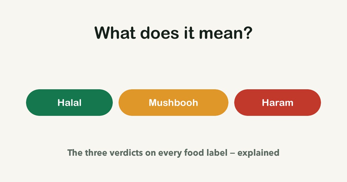 Three coloured labels reading Halal, Mushbooh and Haram on a calm cream background