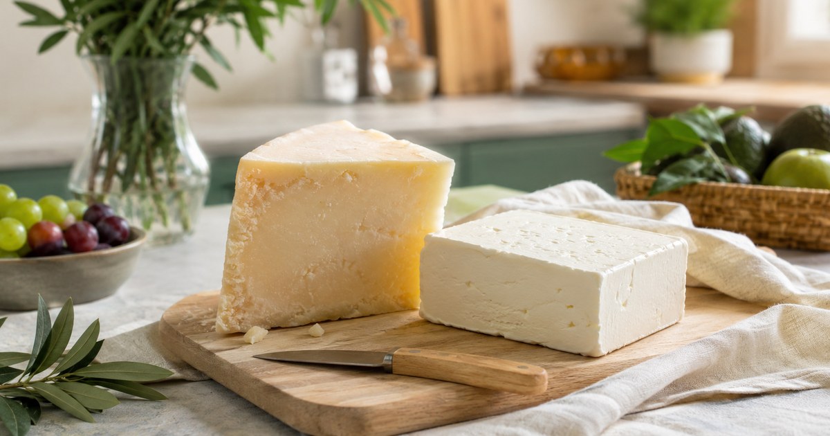 A wedge of hard cheese and a block of soft white cheese on a wooden board with a knife