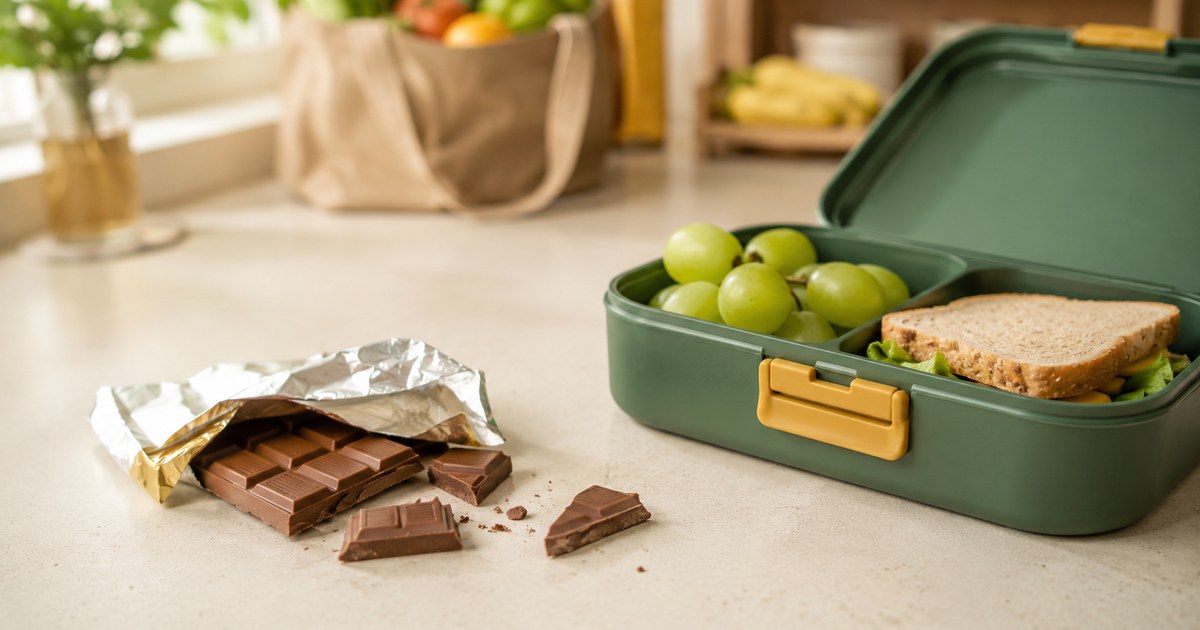 An opened bar of milk chocolate on a counter beside a packed lunchbox of grapes and a sandwich