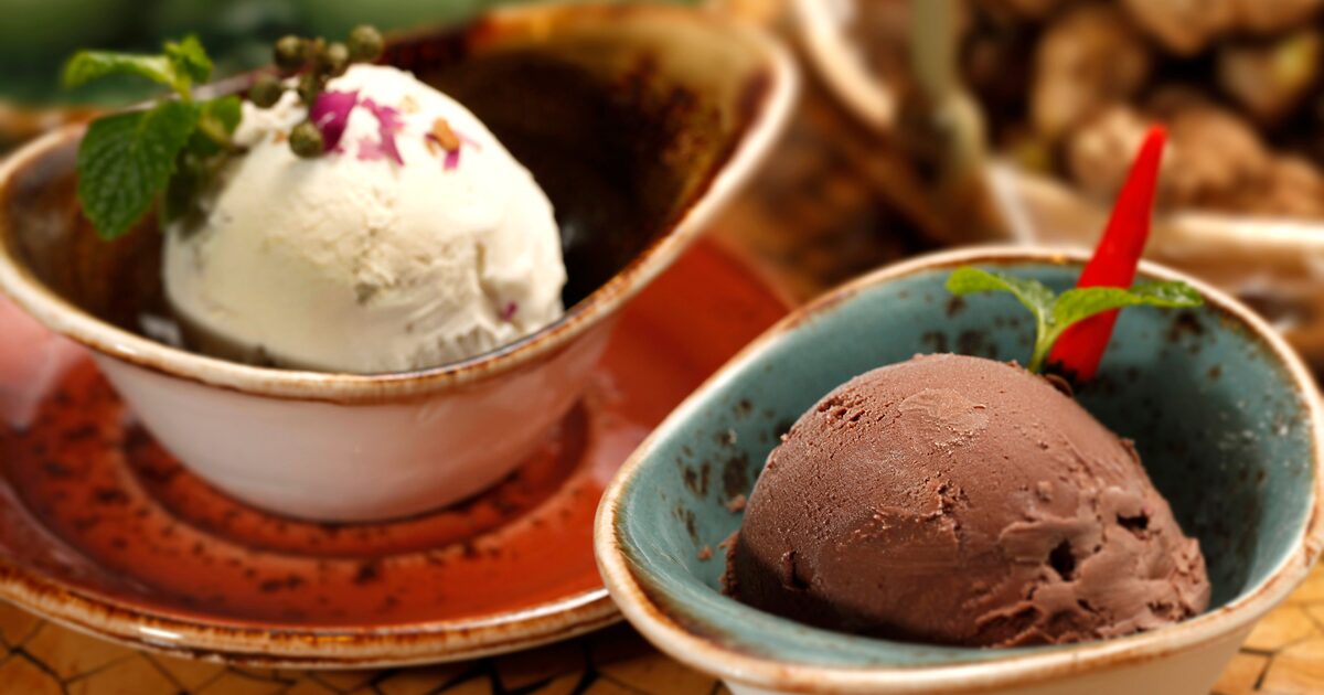 Scoops of vanilla and chocolate ice cream served in decorative bowls with a mint garnish